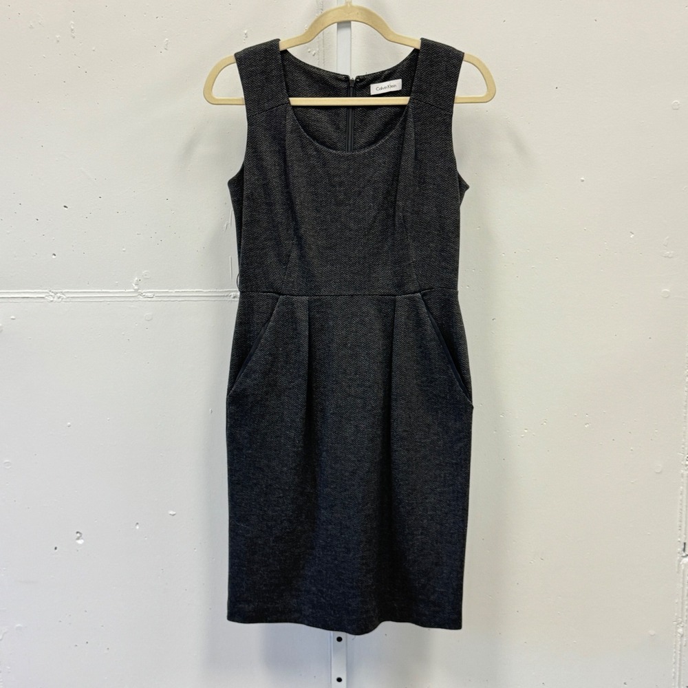 Calvin‎ Klein Herringbone Sleeveless Sheath Pocket Mini Dress Charcoal Grey